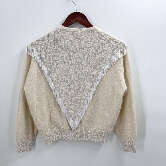 Vintage Gene Shelly's Cream Beaded Fringe Cardigan Sweater Womens Medium - Picture 8 of 16